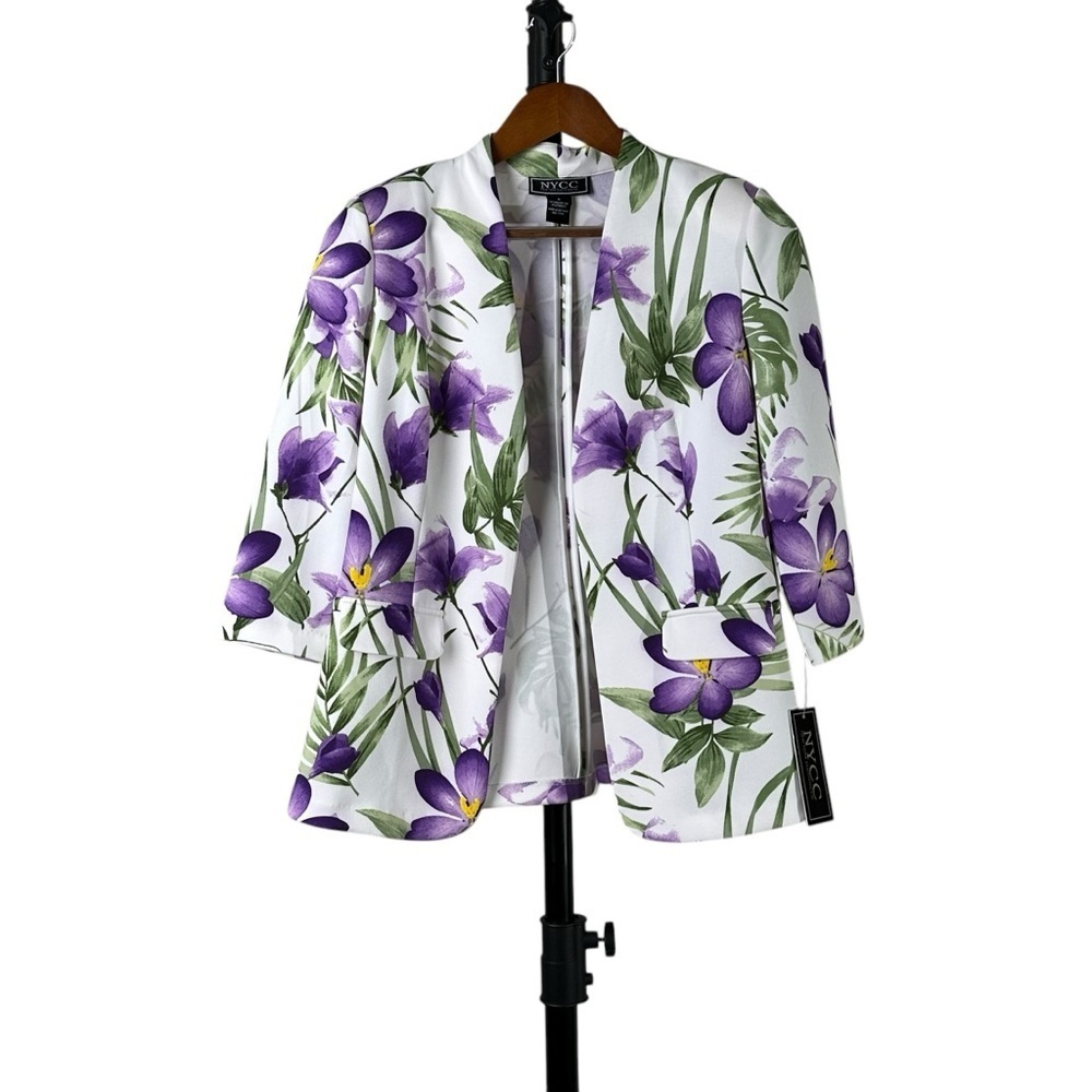 NYCC Women's Small Floral Print Jacket White Purple Open Front Office Career - Picture 3 of 11